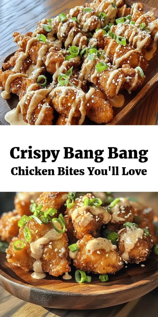 Get ready for a flavor explosion with this Crispy Bang Bang Chicken! This easy recipe features bite-sized marinated chicken thighs coated in a light, crunchy batter that's fried to golden perfection. Serve with a creamy, tangy sauce made from mayonnaise, sweet chili sauce, and a kick of sriracha. Perfect for dinner or as a party appetizer! Garnish with green onions and sesame seeds for added flair. Try it today for a deliciously satisfying meal!