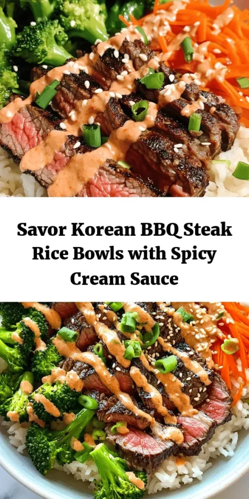 Indulge in the delicious flavors of Korean BBQ with these Steak Rice Bowls topped with a tantalizing spicy cream sauce! Marinate flank steak in a savory mix of soy sauce, garlic, and ginger, then grill to perfection. Serve over fluffy jasmine rice with vibrant steamed broccoli and shredded carrots. Drizzle with a creamy gochujang sauce for a spicy kick. Perfect for a quick weeknight dinner or meal prep, these bowls are a flavor-packed treat!