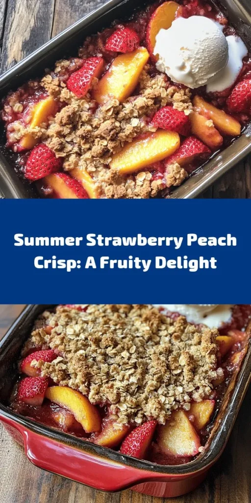 Indulge in the flavors of summer with this delicious Sweet Summer Strawberry Peach Crisp! Fresh strawberries and peaches combine for a juicy filling, enhanced with a touch of lemon and vanilla. The crunchy oat topping adds the perfect contrast. Simple to make and perfect for sharing, bake it up in about 50 minutes and enjoy it warm with vanilla ice cream or whipped cream. It’s a delightful dessert that highlights the best of summer fruits!