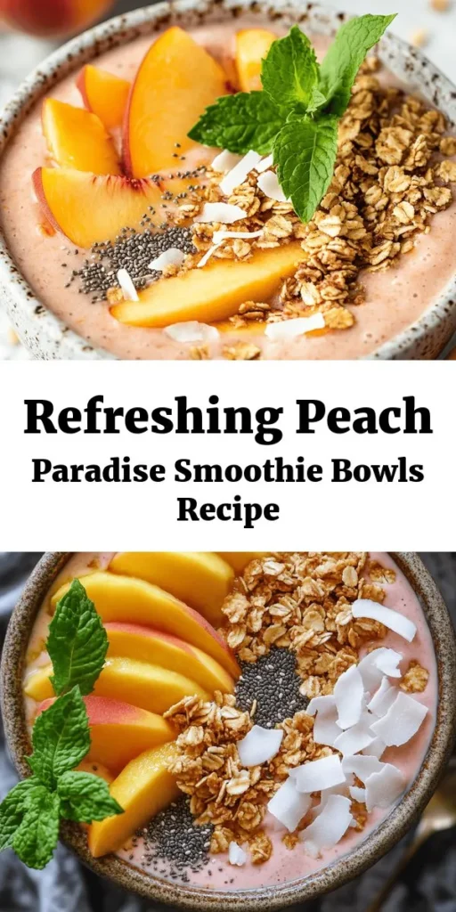 Dive into a tropical escape with these Peach Paradise Smoothie Bowls! This delightful recipe blends ripe peaches, frozen banana, yogurt, and almond milk into a creamy base. Top it off with fresh peach slices, granola, chia seeds, toasted coconut, and mint for a refreshing finish. Perfect for breakfast or a healthy snack, this bowl is quick to make and oh-so-satisfying. Whip it up in just 10 minutes and enjoy the taste of summer any time!