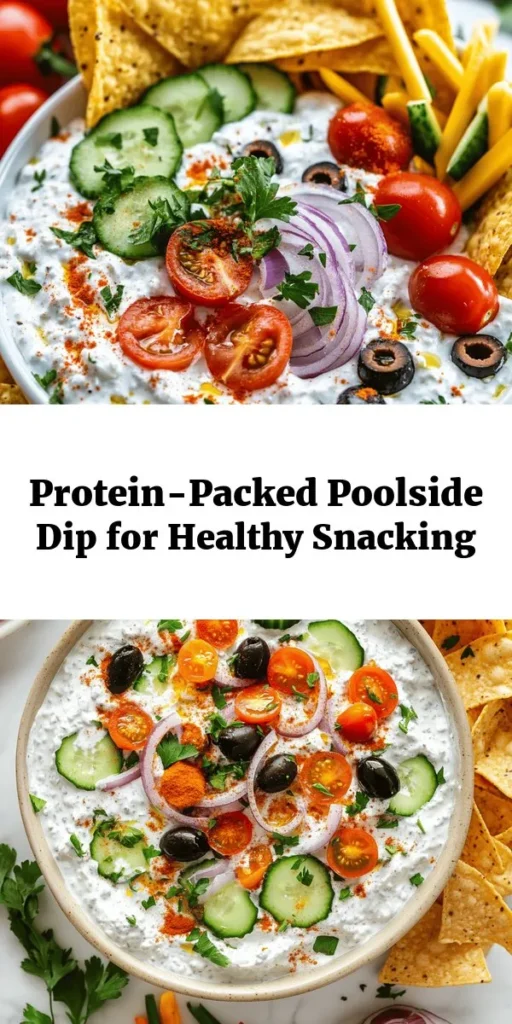 Dive into summer with this Healthy High-Protein Pool Dip! Made with creamy Greek yogurt and cottage cheese, it’s packed with protein and deliciousness. Fresh veggies like cherry tomatoes, cucumber, and olives add the perfect crunch, while a zing of lemon and spices brings flavor to life. Serve it chilled with tortilla chips or veggie sticks for a refreshing snack that’s perfect for poolside lounging. Easy to make and enjoyable for everyone!