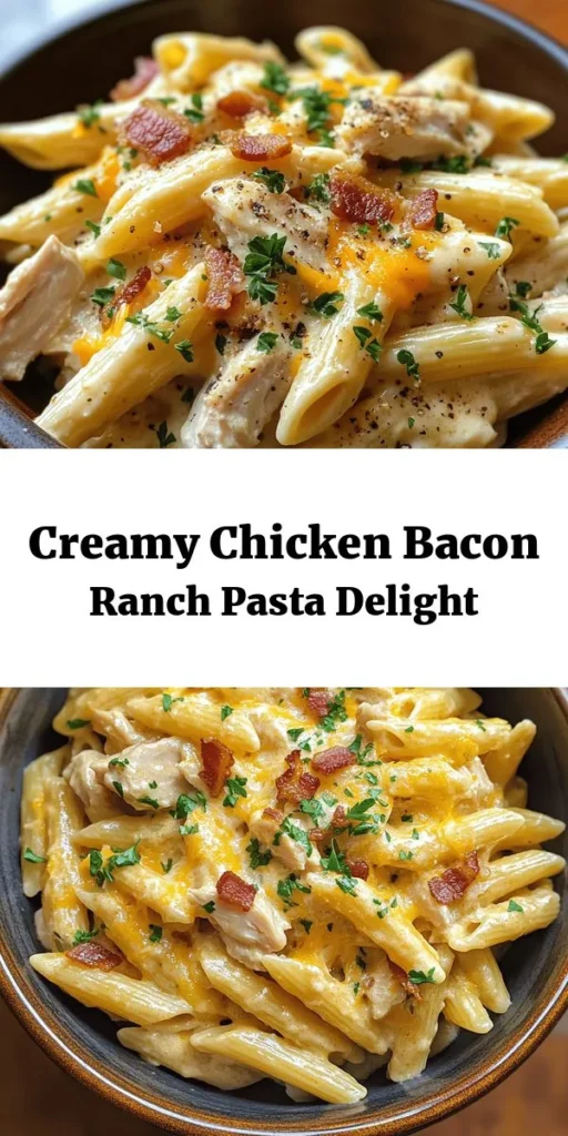 Indulge in the creamy goodness of this Chicken Bacon Ranch Pasta! This quick, comforting dish combines tender chicken, crispy bacon, and rich cheeses all tossed with penne pasta in a savory ranch sauce. In just 30 minutes, you can serve a hearty meal perfect for any occasion. With simple ingredients and easy steps, it’s a family favorite that promises to satisfy everyone at the table. Don't forget to garnish with parsley for that fresh touch!