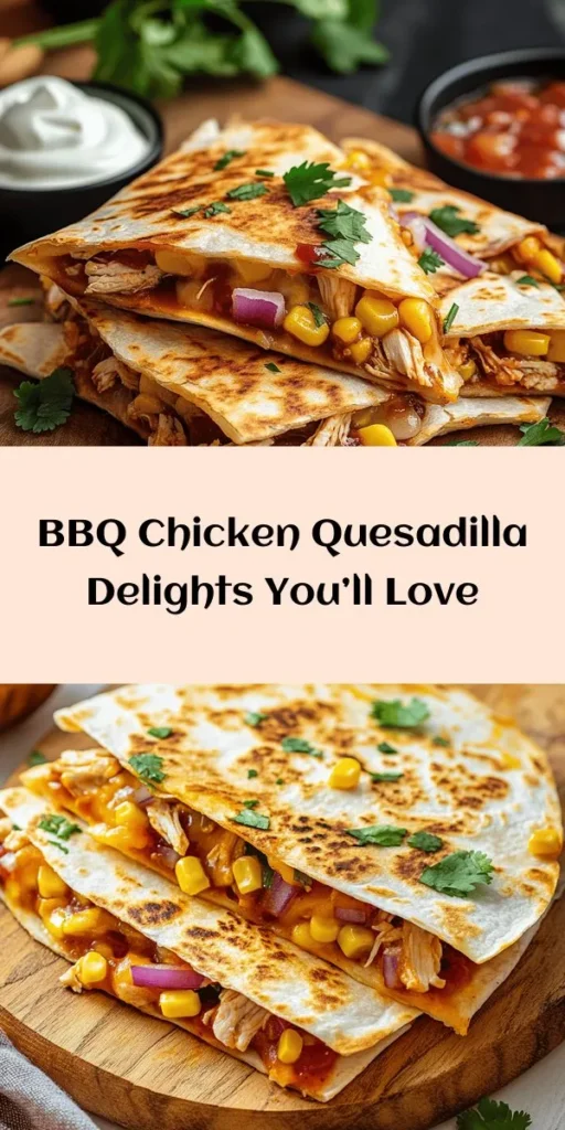 Try this BBQ Chicken Quesadilla Fiesta for a tasty twist on classic quesadillas! Packed with shredded BBQ chicken, cheddar, and Monterey Jack cheese, these crispy delights are topped with fresh ingredients like red onion, corn, and cilantro. Perfect for a quick meal or party platter, they’re easy to make in just 30 minutes. Serve with sour cream and salsa for a deliciously fun treat! Your taste buds will thank you!