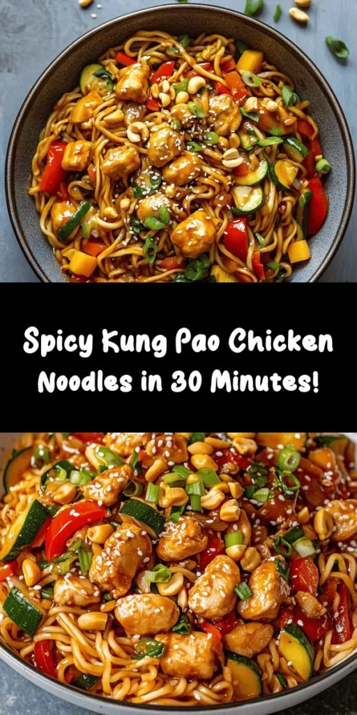 Get ready to spice up your dinner with these delicious Kung Pao Chicken Noodles! This easy recipe combines perfectly cooked egg or rice noodles with tender chicken thighs, fresh vegetables, and crunchy peanuts. Tossed in a flavorful sauce made with soy sauce, oyster sauce, and chili paste, this dish is a fantastic balance of heat and taste. It's quick to prepare, making it perfect for busy weeknights. Serve garnished with sesame seeds and green onions for an extra touch!