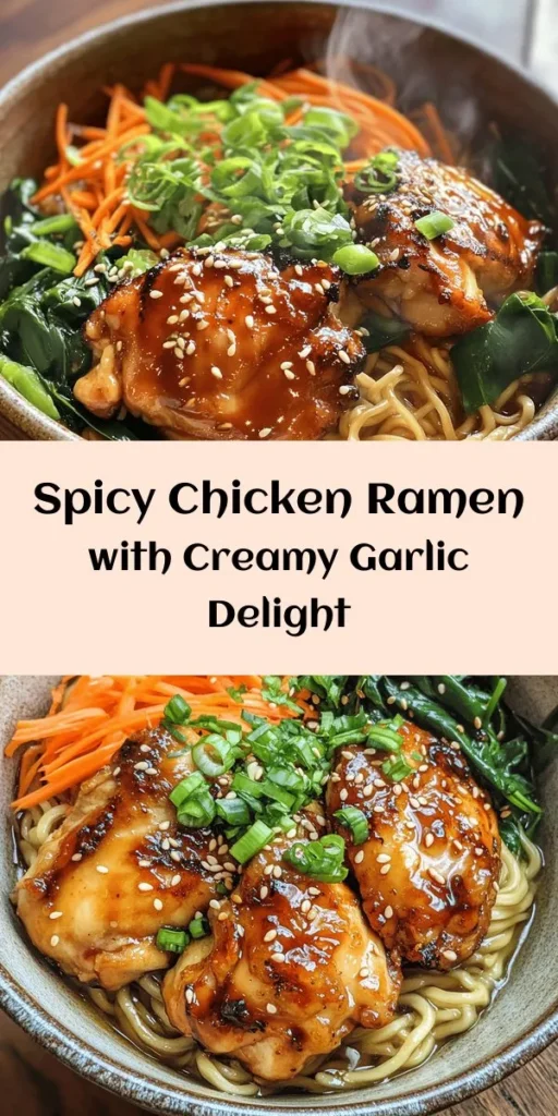 Spice up your dinner with this Fiery Chicken Ramen with Creamy Garlic Sauce! This easy recipe features marinated chicken thighs cooked to perfection, tender ramen noodles, and a rich garlic sauce that brings everything together. Packed with fresh veggies like spinach and carrots, it's a deliciously satisfying meal perfect for a cozy night in. Add your favorite toppings for an extra kick. Perfect for sharing or enjoying all by yourself!