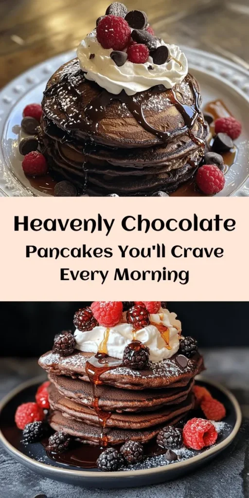 Indulge in the joy of breakfast with these amazing chocolate pancakes! Made with simple ingredients like cocoa powder, chocolate chips, and a touch of vanilla, these fluffy treats are perfect for any chocolate lover. Just mix, pour, and flip for a delightful stack that you can top with whipped cream or fresh berries. Ready in just 20 minutes, they are a sweet way to start your day or treat yourself anytime! Enjoy this delicious recipe with family and friends.