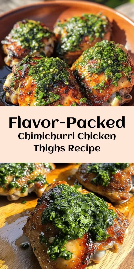 Savor the flavors of this Chimichurri Chicken Thighs recipe! Juicy bone-in chicken thighs are marinated in a vibrant chimichurri sauce made with fresh parsley, cilantro, garlic, and a hint of spice. This dish is not only easy to prepare but also packed with delicious herbs. Perfect for grilling or baking, the chicken is served with extra chimichurri for dipping. Enjoy a tasty meal that pairs well with rice, grilled veggies, or a fresh salad!