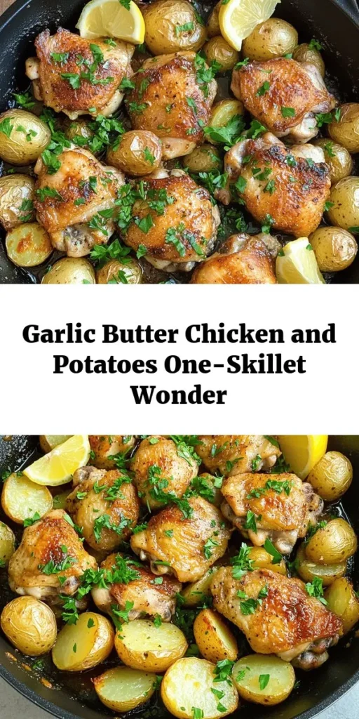 Savor the delicious flavors of this Garlic Butter Chicken and Potatoes Skillet! With tender chicken thighs and golden baby potatoes, this one-pan meal is a weeknight winner. It's packed with garlic, smoked paprika, and Italian seasoning for an irresistible taste. Quick and easy to prepare in just 40 minutes, this dish is perfect for busy evenings. Top it off with fresh parsley and a squeeze of lemon for added zing. A delightful family favorite awaits!