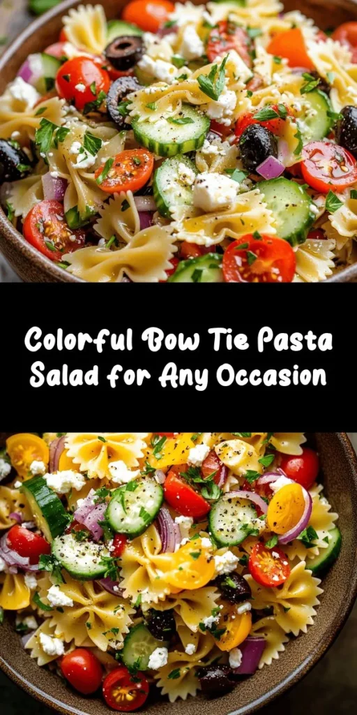 Enjoy a vibrant and refreshing Bow Tie Bliss Pasta Salad that's perfect for picnics, barbecues, or a quick lunch! Combining colorful veggies, crumbled feta, and a tangy dressing, this dish is as delicious as it is stunning. With just 20 minutes of prep time, it’s quick to whip up and great for meal prep. Chill it for a bit to let the flavors meld together, and you’ve got a delightful salad that everyone will love. Give it a try today!