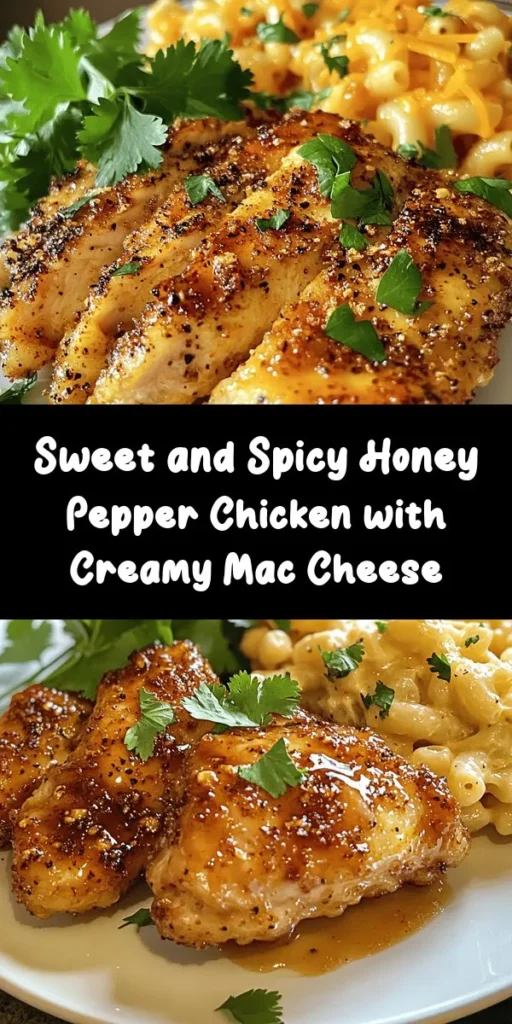Savor the flavors of this Sweet and Spicy Honey Pepper Chicken paired with velvety Creamy Macaroni Cheese! This easy recipe starts with marinated chicken breasts that are seared and baked to perfection, drizzled with a delightful honey-pepper sauce. Complement it with rich and cheesy macaroni for the ultimate comfort meal. Perfect for family dinners, this dish is sure to impress. Get the full recipe and enjoy a delicious weeknight delight!