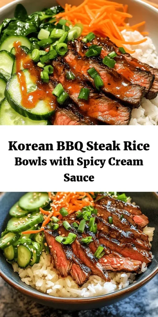 Indulge in the flavors of Korea with these Korean BBQ Steak Rice Bowls topped with a zesty spicy cream sauce. Marinate tender flank steak in a savory blend of soy sauce, sesame oil, and garlic, then grill to perfection. Serve over fluffy jasmine rice and fresh veggies like shredded carrots and crunchy cucumbers. Drizzle with a creamy, spicy sauce that adds just the right kick. Perfect for a quick weeknight dinner or a flavorful meal prep!
