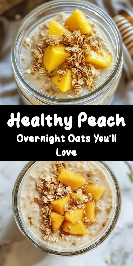 Discover the perfect breakfast with these healthy and delicious Overnight Oats with Peaches! This simple recipe combines rolled oats, almond milk, creamy Greek yogurt, and sweet peaches for a wholesome start to your day. Just mix, refrigerate overnight, and enjoy a nutritious meal that's both satisfying and easy to customize with your favorite toppings like granola and honey. Quick to prep, this treat is perfect for busy mornings! 🍑🥣