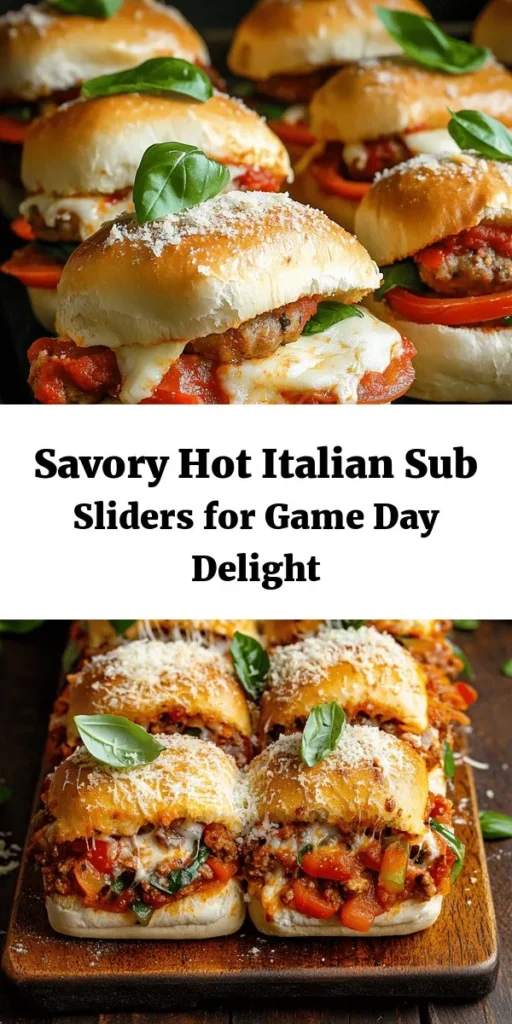 Discover the ultimate crowd-pleaser with these Hot Italian Sub Sliders! Perfect for game day or a cozy night in, these delicious bites are stuffed with savory Italian sausage, layers of pepperoni, colorful bell peppers, and gooey provolone cheese. Topped with Parmesan and fresh basil, they’re baked to perfection for a golden finish. Ready in just 35 minutes, this easy recipe serves six and will surely impress your friends and family.