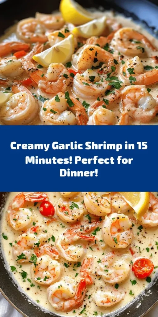 Indulge in this Easy Creamy Garlic Shrimp recipe that's ready in just 15 minutes! Perfectly sautéed shrimp are tossed in a luscious garlic cream sauce with Parmesan cheese and a hint of red pepper flakes for the ideal kick. Add fresh parsley and cherry tomatoes for a pop of color and flavor. Serve it over pasta, rice, or with crusty bread and lemon wedges on the side for a dish that's both elegant and easy to prepare. Perfect for a quick weeknight dinner!