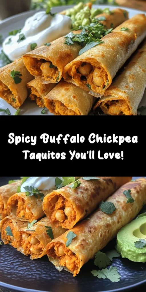 Spice up your snack game with these mouthwatering Buffalo Chickpea Taquitos! Packed with flavor and easy to make, each taquito combines mashed chickpeas with zesty buffalo sauce and spices, all wrapped in warm tortillas. Perfect for parties or a quick weeknight meal, these crispy bites are topped with gooey cheese and fresh herbs. Serve them with avocado or sour cream for dipping. Give this recipe a try for a delicious and healthy treat!