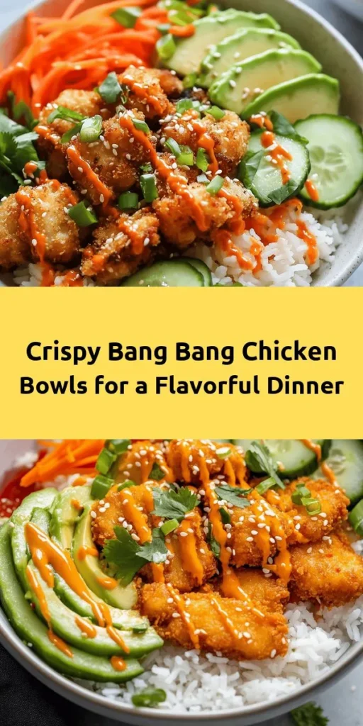 Create a delicious and satisfying meal with these Bang Bang Chicken Bowls! This recipe features crispy, breaded chicken, perfectly paired with fluffy jasmine rice and an array of colorful veggies like carrots, bell peppers, and cucumbers. Topped with a creamy, spicy Bang Bang sauce and garnished with avocado and fresh herbs, these bowls are not only vibrant but also packed with flavor. Perfect for a weeknight dinner or meal prep, this dish will leave everyone wanting more!