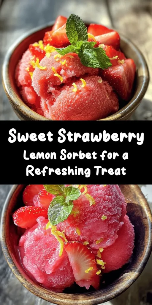 Cool off this summer with a delightful Strawberry Lemon Sorbet! This refreshing treat combines fresh strawberries, zesty lemon juice, and honey for the perfect balance of sweetness and tang. With just a few simple ingredients and easy steps, you can whip up this sorbet right at home. Just blend, chill, churn, and freeze for a deliciously smooth dessert. Perfect for serving at parties or enjoying on a hot day. Enjoy a scoop of sunshine!