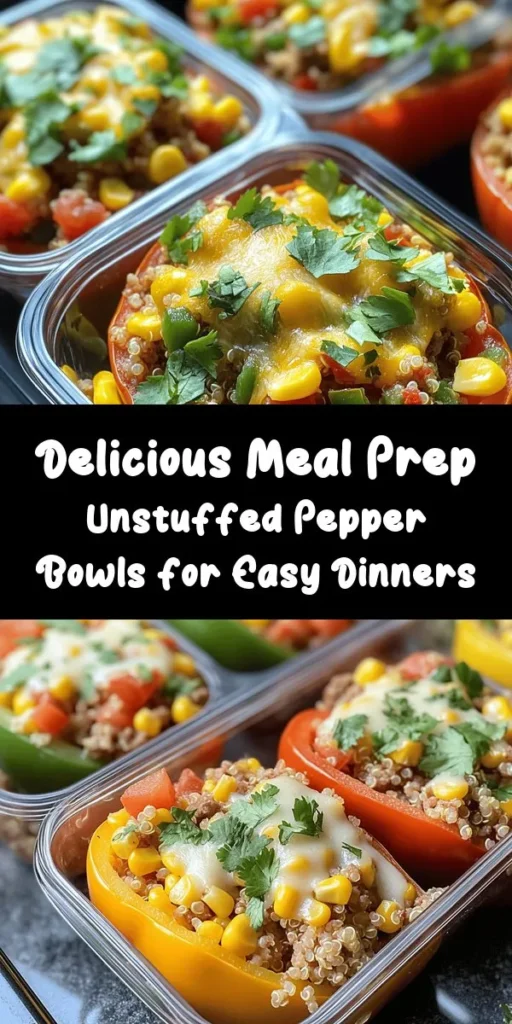 Get ready for a delicious and nutritious meal prep with these Unstuffed Pepper Bowls! Made with ground turkey or beef, quinoa or brown rice, black beans, and plenty of colorful veggies, this dish is packed with flavor thanks to spices like cumin and smoked paprika. It's easy to make and perfect for busy weeknights. Simply cook, portion, and enjoy throughout the week. Garnish with cheese and fresh herbs for added flavor!