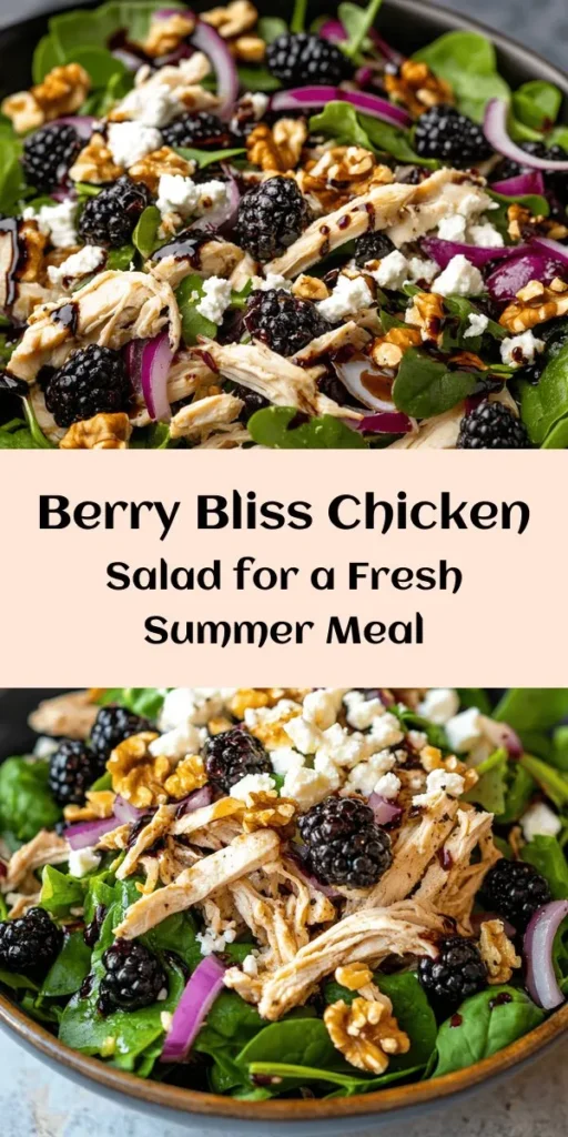 Indulge in the deliciously refreshing Berry Bliss Chicken Salad! Packed with shredded chicken, juicy blackberries, and a mix of fresh greens, this salad is perfect for a light lunch or dinner. Topped with crumbled feta, toasted walnuts, and a drizzle of balsamic vinaigrette, it’s a burst of flavor in every bite. Ready in just 15 minutes, it's an easy, nutritious dish that you can enjoy immediately or chill for enhanced taste. Try it today!