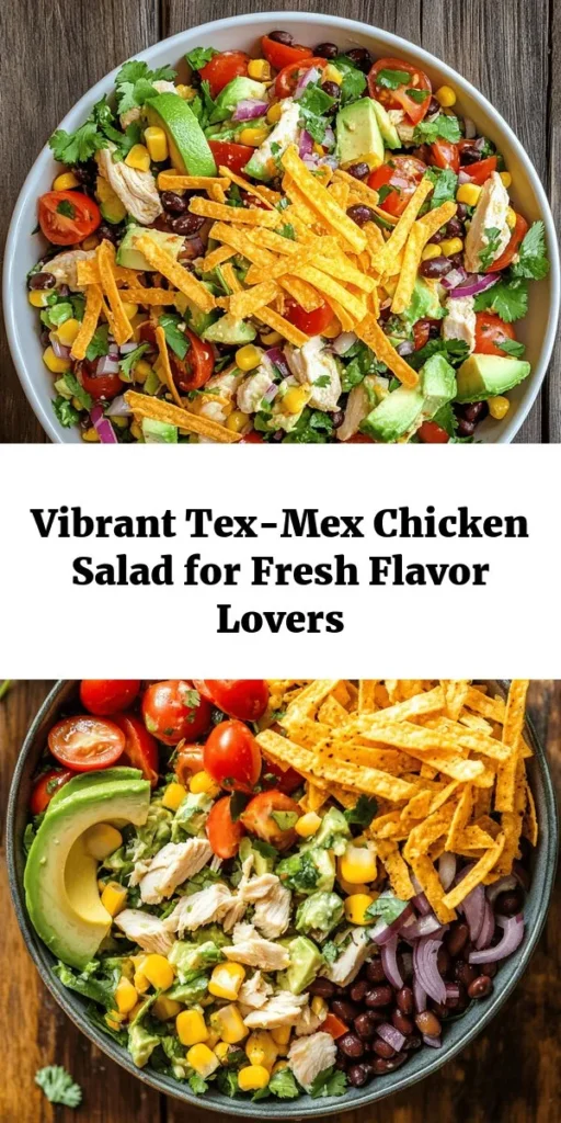Looking for a fresh and vibrant salad to spice up your meal? Try this Tex-Mex Chopped Chicken Salad! Packed with protein from tender chicken, colorful veggies like bell peppers and cherry tomatoes, and creamy avocado, it's both nutritious and delicious. Toss it with a zesty lime dressing and top with shredded cheddar and crispy tortilla strips for a crunchy finish. Perfect for lunch or dinner, this salad is sure to impress! Enjoy the bold flavors and every bite!