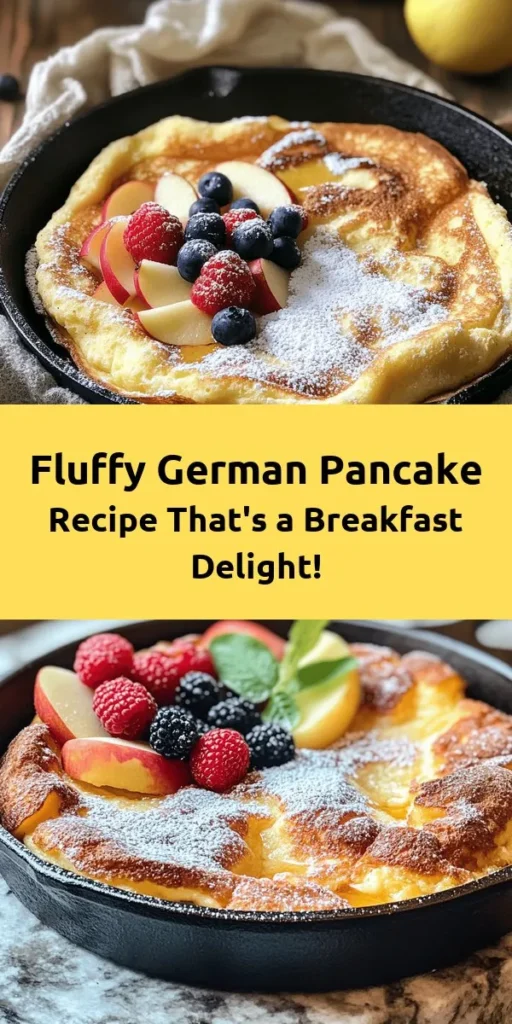 Looking for a delicious breakfast treat? Try this Fluffy Baked German Pancake Delight! Made with just six simple ingredients, including eggs, milk, and flour, this easy recipe results in a light and airy pancake that puffs up beautifully in the oven. Serve it warm, dusted with powdered sugar and topped with fresh fruits, lemon juice, or maple syrup for an irresistible morning indulgence. Perfect for brunch or a special weekend breakfast!