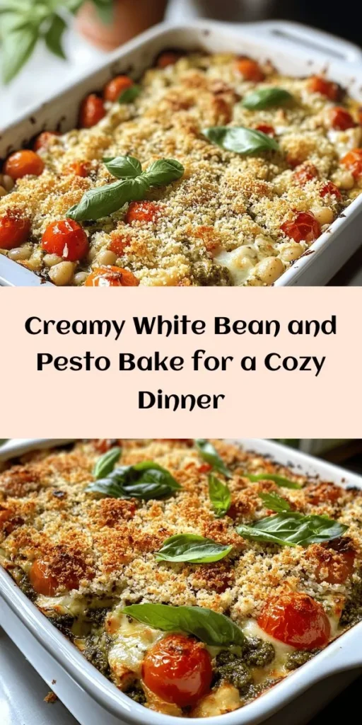 Discover the perfect comfort dish with this White Bean and Pesto Bake! Made with creamy white beans, fresh basil pesto, juicy cherry tomatoes, and gooey mozzarella, it's layered to perfection and topped with crunchy breadcrumbs. This recipe is not only easy to make but also packed with flavor. Serve it warm as a delicious main course or a hearty side. Ideal for gatherings, it's a dish everyone will love. Try it out today!