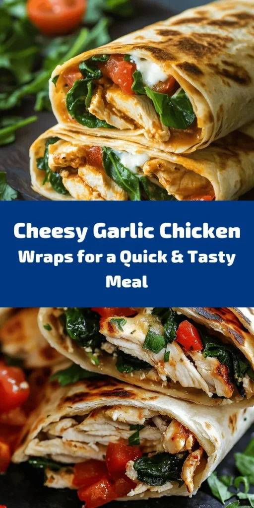 Discover the ultimate comfort food with these Cheesy Garlic Chicken Wraps! Packed with shredded chicken, creamy cheeses, and zesty garlic, these wraps are a delicious and easy meal option. Perfect for lunch or a quick dinner, simply spread the cheesy filling onto tortillas, add fresh spinach and tomatoes, then cook until golden brown. In just 25 minutes, you’ll have a warm, flavorful dish that your family will love. Optional hot sauce adds a spicy twist!
