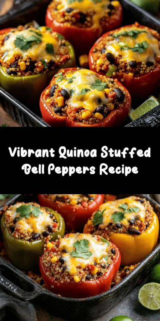 Indulge in these vibrant Stuffed Bell Peppers filled with a delicious quinoa mixture! These peppers are packed with black beans, corn, and spices, then topped with melted cheese for an extra layer of flavor. Perfect for a satisfying meal, these colorful gems are not only beautiful but also nutritious. Easy to prepare and absolutely delightful, they make a fantastic weeknight dinner. Don't forget the lime wedges for an extra zing!