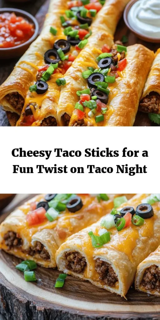 Delight in these Cheesy Taco Sticks packed with flavor and perfect for any occasion! Made with ground beef or chicken, taco seasoning, and melty cheeses, these sticks wrap up in flaky crescent roll dough for a delicious bite. Simply roll your filling, bake until golden brown, and serve with salsa and sour cream for dipping. Perfect as an appetizer or a quick weeknight dinner. Ready in just 30 minutes, they're sure to be a hit with everyone!