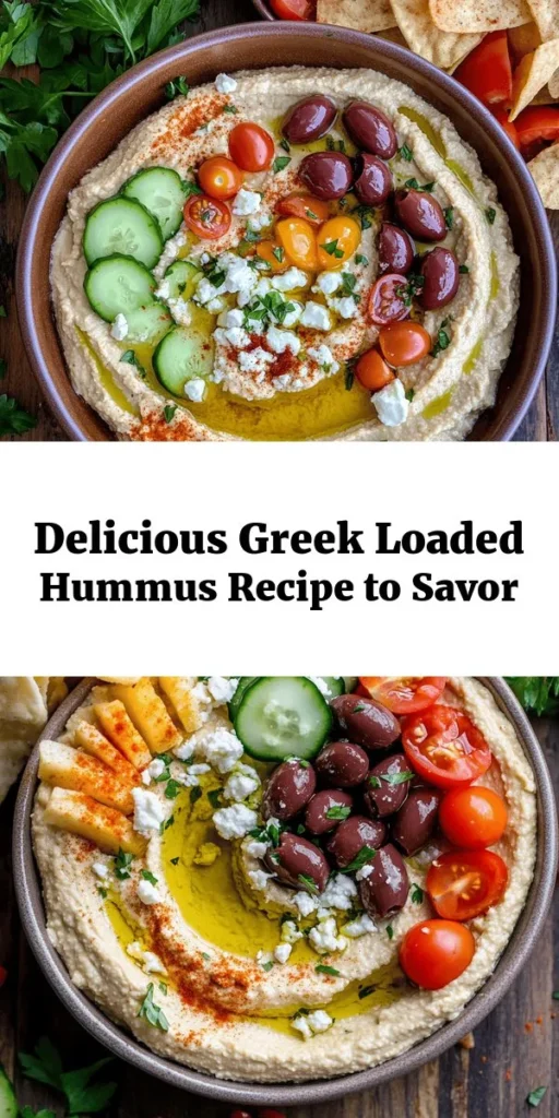 Discover the vibrant flavors of Greek Style Loaded Hummus! This easy recipe combines creamy chickpeas with tahini, garlic, and spices for a delicious base. Topped with fresh cucumber, cherry tomatoes, kalamata olives, and crumbly feta, it's a feast for the eyes and the taste buds. Perfect for dipping with pita chips or fresh veggies, this dish is ideal for gatherings or a healthy snack. Prep in just 15 minutes and impress your guests!