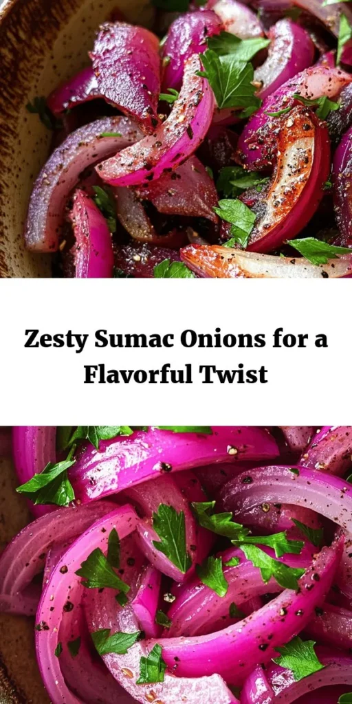 Transform your meals with these flavorful Sumac Onions! This simple recipe features thinly sliced red onions tossed in olive oil, tangy lemon juice, and aromatic sumac. Perfect as a vibrant side or topping for grilled meats, salads, and flatbreads, these marinated onions pack a punch of flavor. With just a short marination time, you can enhance any dish in no time. Try this refreshing addition to your next meal!