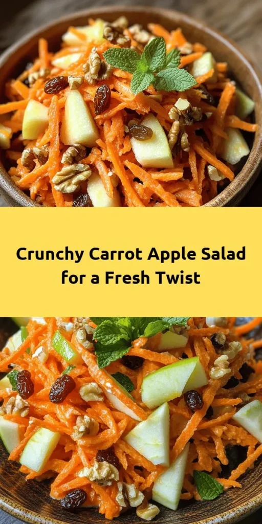 Looking for a refreshing and healthy snack? Try this Crunchy Carrot Apple Delight! This vibrant salad combines grated carrots and crisp apples with a touch of sweetness from raisins and a creamy Greek yogurt dressing. Topped with walnuts and fresh mint, it's perfect for a light lunch, side dish, or snack. Quick to prepare and packed with flavor, it’s sure to become a favorite in your home. Enjoy the blend of textures and flavors!