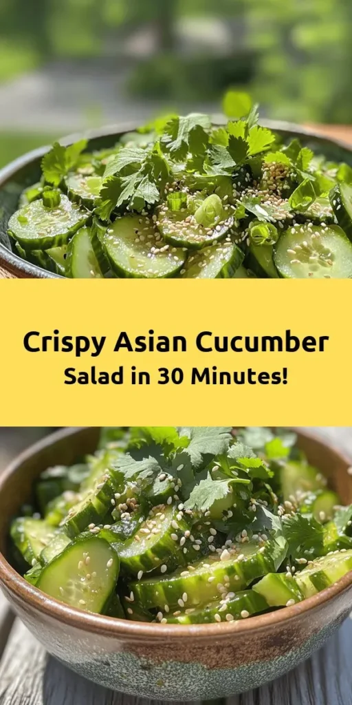 Discover the refreshing Crunchy Asian Cucumber Delight, perfect for summer gatherings or as a light side dish! Toss thinly sliced cucumbers in a zesty dressing made with rice vinegar, soy sauce, sesame oil, and fresh ginger. Add a sprinkle of sesame seeds and garnish with cilantro or green onions for an extra burst of flavor. Ready in just 30 minutes, this easy salad is sure to impress with its crunchy texture and vibrant taste. Enjoy!