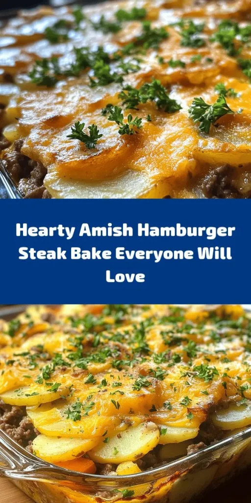 Discover the comforting flavors of Amish Hamburger Steak Bake! This hearty dish combines ground beef, tender potatoes, and a medley of vegetables, all baked to perfection under a golden layer of cheddar cheese. With simple ingredients like onion, garlic, and Worcestershire sauce, it’s a delicious family meal ready in just an hour. Perfect for weeknights, this recipe is sure to become a favorite at your dinner table. Enjoy with a sprinkle of fresh parsley for a pop of color!