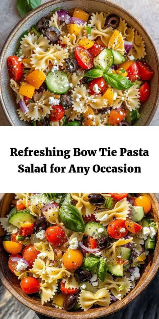 Indulge in this vibrant Bow Tie Bliss Pasta Salad, perfect for any occasion! Packed with fresh veggies like cherry tomatoes, cucumbers, and bell peppers, this salad is not only colorful but bursting with flavor thanks to feta cheese and a zesty dressing. It’s quick to prep and ideal for gatherings or meal prep. Chill it for a bit to let the flavors mingle, and serve cold or at room temperature for a refreshing dish everyone will love!