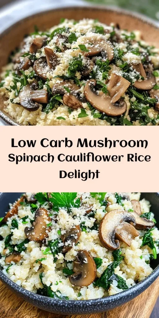Looking for a delicious low-carb dish? Try this Mushroom & Spinach Cauliflower Rice! Made with fresh cauliflower, sautéed mushrooms, and nutritious spinach, it's bursting with flavor. Ready in just 25 minutes, this healthy meal is perfect for busy weeknights. Finish it off with a sprinkle of Parmesan for a creamy touch. Easy to make and satisfying, this dish will be a hit at your dinner table! Perfect for keto diets or anyone wanting to eat lighter. Enjoy!