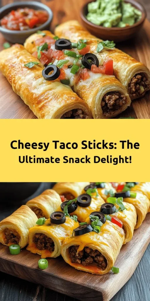 Indulge in these Cheesy Taco Sticks, a quick and delicious appetizer that's perfect for any gathering! Made with savory ground beef or turkey, loads of melted cheddar and mozzarella cheese, and wrapped in flaky crescent roll dough, these tasty sticks are bursting with flavor. Quick to prep and bake in just 30 minutes, they make a fantastic snack to pair with salsa or guacamole. Get ready to impress your friends and family with this cheesy delight!