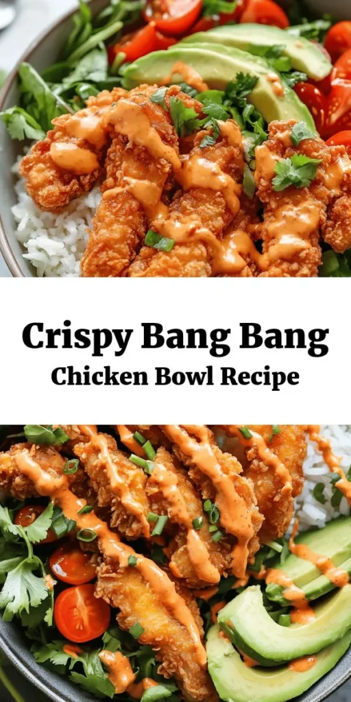 Elevate your dinner game with this delicious Bang Bang Chicken Bowl! Crispy, breaded chicken thighs served over a bed of jasmine rice, vibrant mixed greens, and juicy cherry tomatoes make for a colorful and flavorful dish. Topped with creamy Bang Bang sauce and fresh avocado, it’s a perfect blend of textures and tastes. Quick to prepare, this bowl is great for busy nights and sure to impress family and friends. Try it and savor the explosion of flavors!