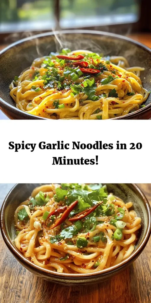 Spice up your dinner with these Fiery Garlic Noodles! Quick and easy to make, this dish combines savory egg or rice noodles with fragrant garlic and ginger, enhanced with a kick of red pepper flakes. Tossed in a mouthwatering sauce made from soy and oyster sauce, these noodles are perfect for a weeknight meal or a cozy gathering. Garnish with fresh cilantro and chili peppers for an extra zing. Enjoy a bowlful of deliciousness in just 20 minutes!