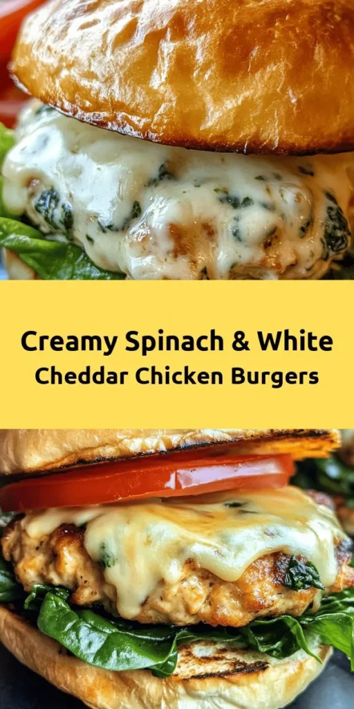 Savor the flavors of these delicious Creamy White Cheddar & Spinach Chicken Burgers! Made with fresh spinach and loaded with melted white cheddar, these juicy chicken patties are easy to prepare and perfect for any occasion. Simply mix the ingredients, shape into patties, and grill to golden perfection. Serve on toasted buns with your favorite toppings. A healthy and tasty twist on traditional burgers that everyone will love!