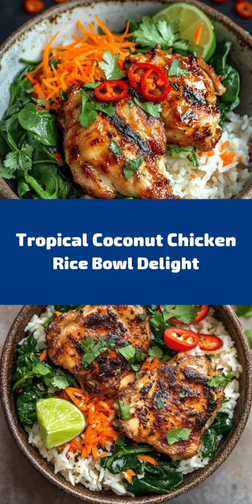 Savor the tropical flavors of this Coconut Chicken Rice Bowl! With juicy chicken thighs marinated in garlic and ginger, fluffy jasmine rice cooked in creamy coconut milk, and vibrant veggies like carrots and spinach, this dish is both nutritious and delicious. Perfect for a family dinner or meal prep, it's easy to whip up and packed with flavor. Top it with fresh cilantro and a squeeze of lime for the ultimate taste experience. Give it a try!