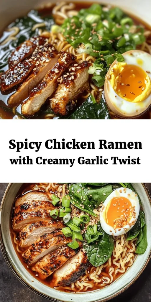 Spice up your dinner with this Fiery Chicken Ramen featuring a creamy garlic sauce! This delicious recipe combines tender marinated chicken thighs, savory chicken broth, and perfectly cooked ramen noodles, all topped with a rich garlic sauce and a fried egg. The addition of baby spinach and green onions adds freshness and flavor. Perfect for a cozy night in, this dish is sure to impress. Get ready to enjoy a big bowl of fiery goodness!