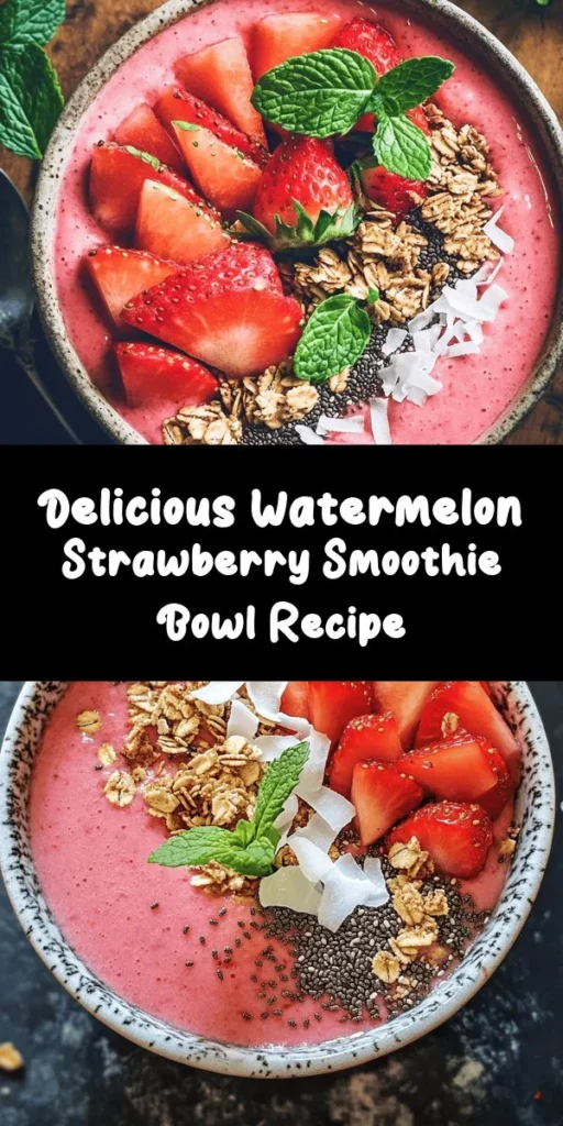 Cool down with this Refreshing Watermelon and Strawberry Smoothie Bowl! Made with vibrant, frozen watermelon and strawberries blended into a creamy base with banana and coconut milk, this bowl is not only delicious but also nutritious. Top it off with fresh fruit, crunchy granola, and a sprinkle of chia seeds for extra flair. Perfect for breakfast or a snack, you can whip it up in just 10 minutes. Dive into this fruity goodness today!