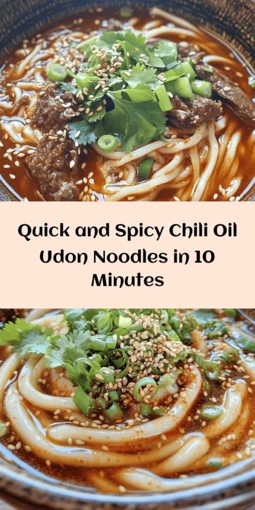 Whip up a bowl of spicy goodness with these 10-Minute Chili Oil Udon Noodles! Perfect for a quick lunch or a cozy dinner, this easy recipe features fresh udon noodles tossed in a flavorful chili oil sauce, with garlic, ginger, and toasted sesame seeds adding the perfect kick. Customize with your choice of protein, and don’t forget the green onions for a fresh crunch. Ready in just 10 minutes, it’s a delicious meal you won't want to miss!