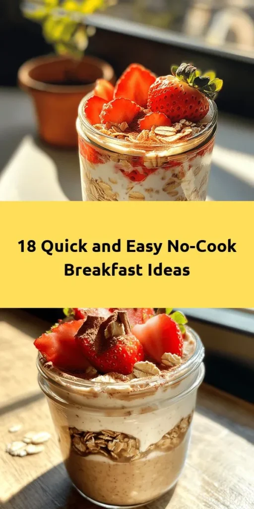 Kickstart your mornings with these 18 no-cook breakfast ideas! From creamy overnight oats to delicious yogurt parfaits, each recipe is quick to prepare and bursting with flavor. Enjoy avocado toast, chia seed pudding, or fruity smoothie bowls without any cooking hassle. Perfect for busy days, these healthy options will keep you fueled and satisfied. Get ready to elevate your breakfast game with minimal effort and maximum taste!